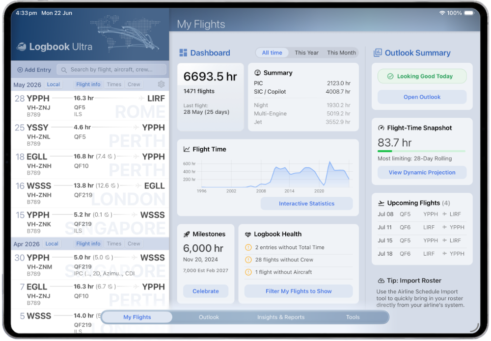 Logbook Ultra dashboard shown on iPad with Australian pilot logbook totals, flight-time snapshot, limits and projections summary, and upcoming flights.