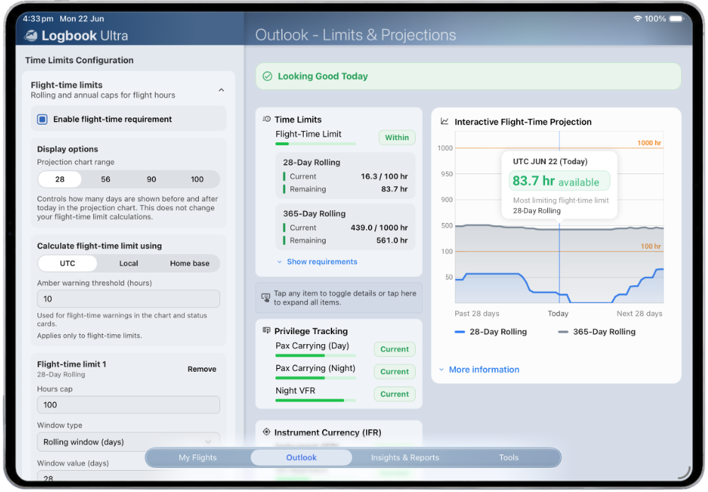 CASA flight-time limits screen in Logbook Ultra showing 28-day and 365-day limits with projected flight-time availability.