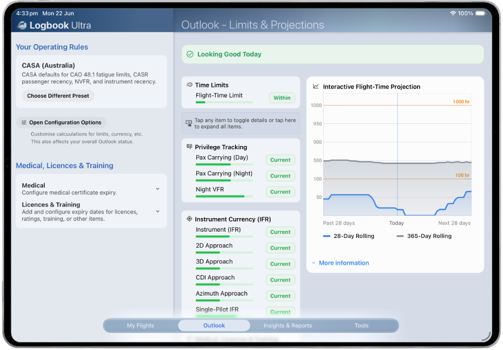 Logbook Ultra limits and projections screen with the CASA Australia preset, flight-time limits, passenger recency, Night VFR, IFR currency, and single-pilot IFR status.