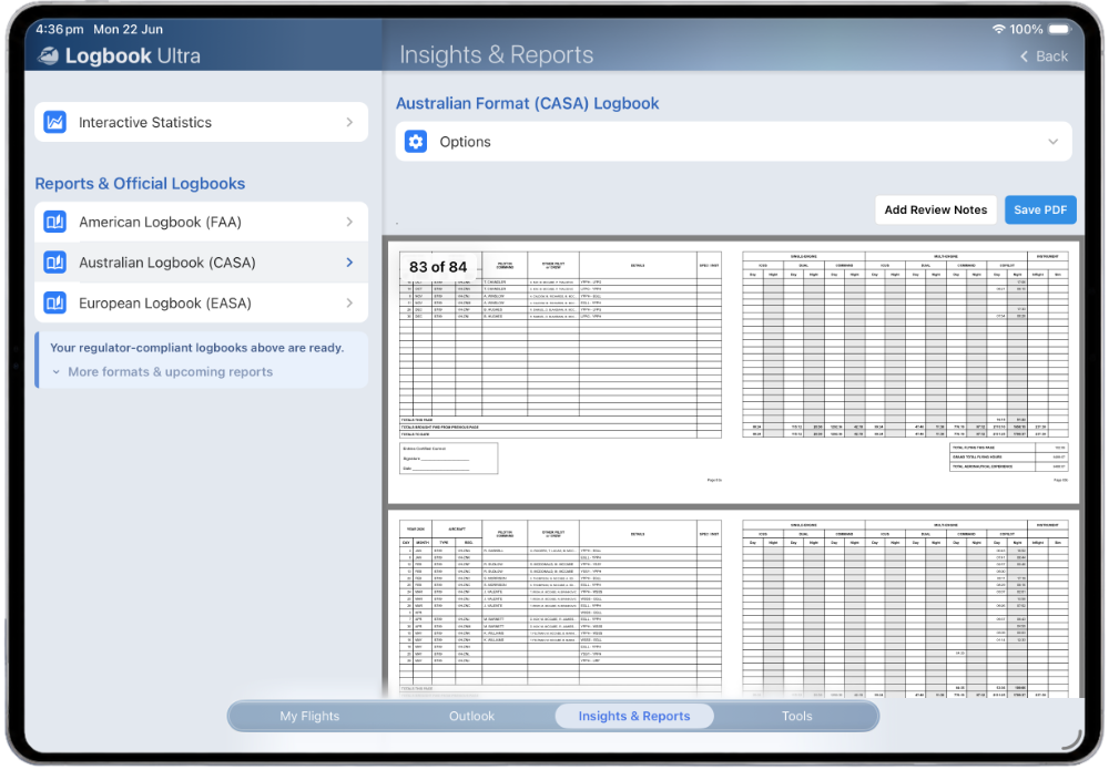 Australian Format CASA logbook PDF generation screen in Logbook Ultra with generated report preview pages.