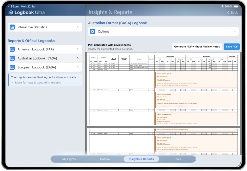 CASA PDF report generated with orange review notes beside entries that need attention before export.
