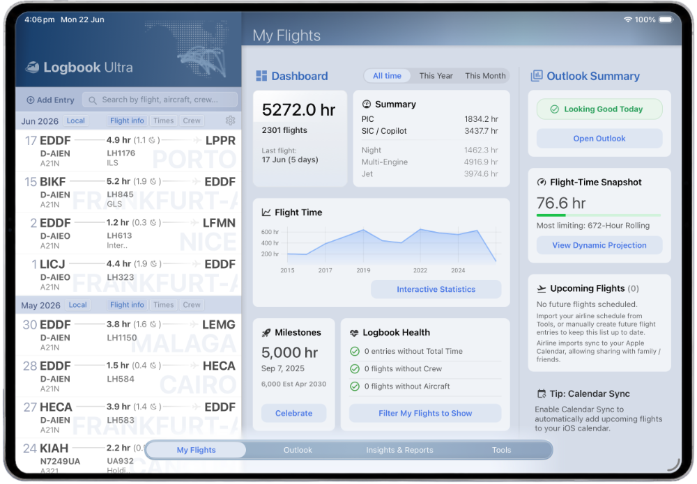Logbook Ultra dashboard shown on iPad with European pilot logbook totals, recent flights, and EASA Outlook summary.