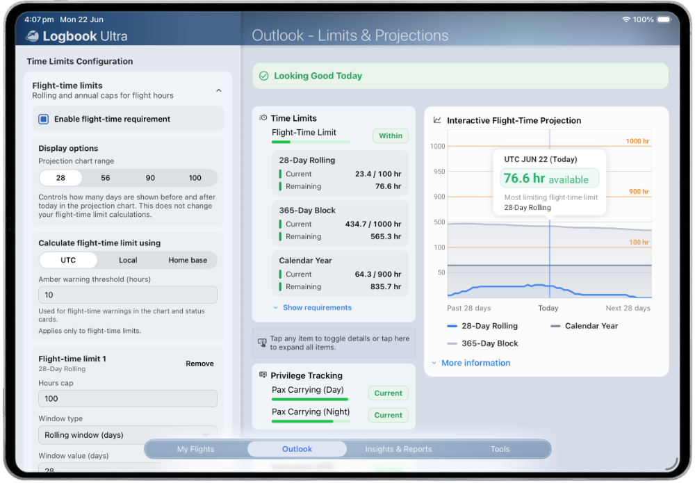 EASA flight-time limits screen showing 28-day, calendar-year, and 12-month limits with projected scheduled flying.