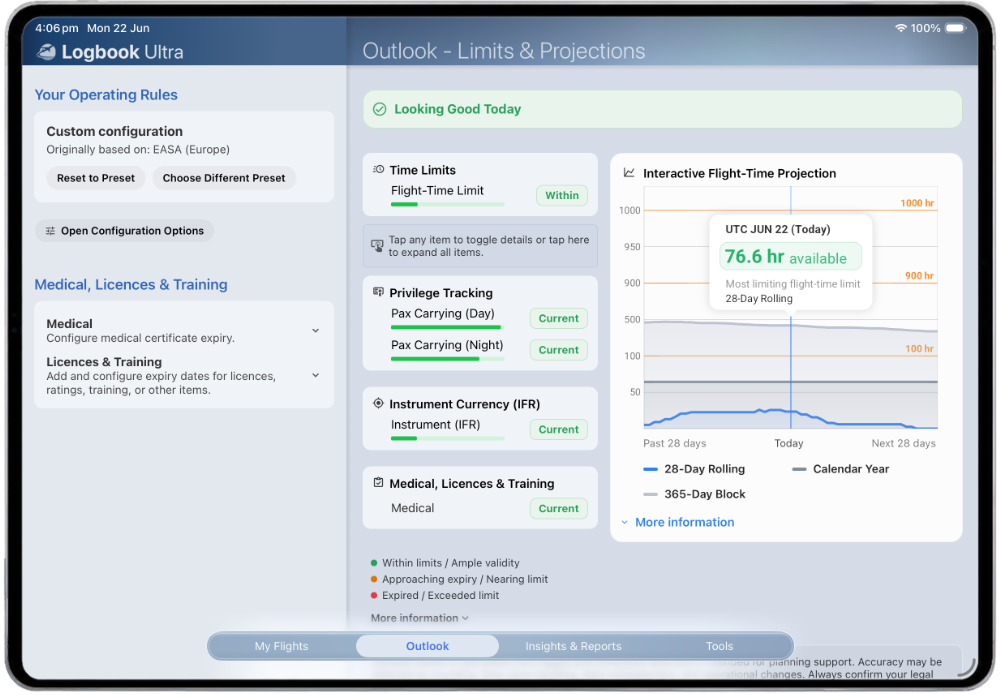 EASA limits and projections view showing flight-time limits, passenger-carrying recency, night recency, and Instrument Rating validity.