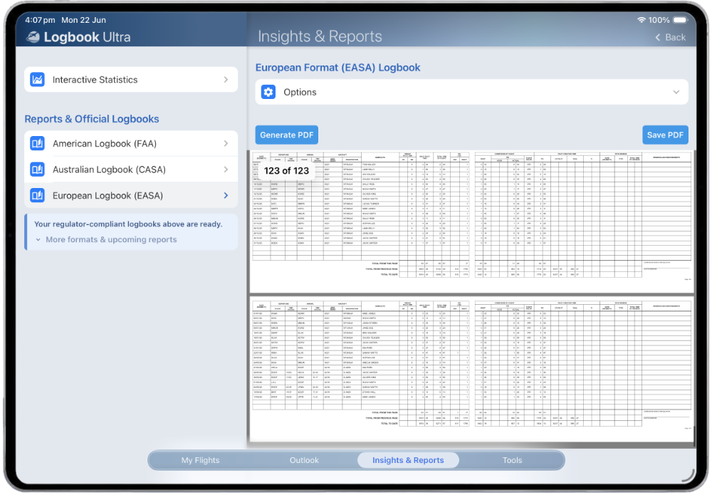 European Format EASA logbook PDF generation screen in Logbook Ultra with generated report preview pages.