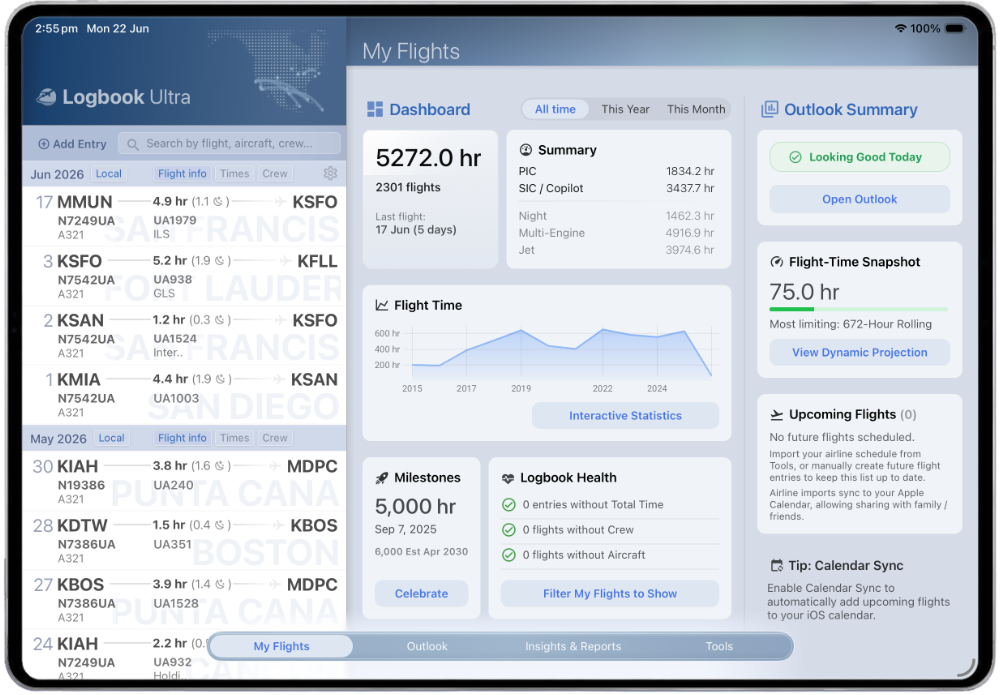 Logbook Ultra dashboard on iPad showing recent flights, upcoming duties, rolling flight-time limits, recency status, and career totals.