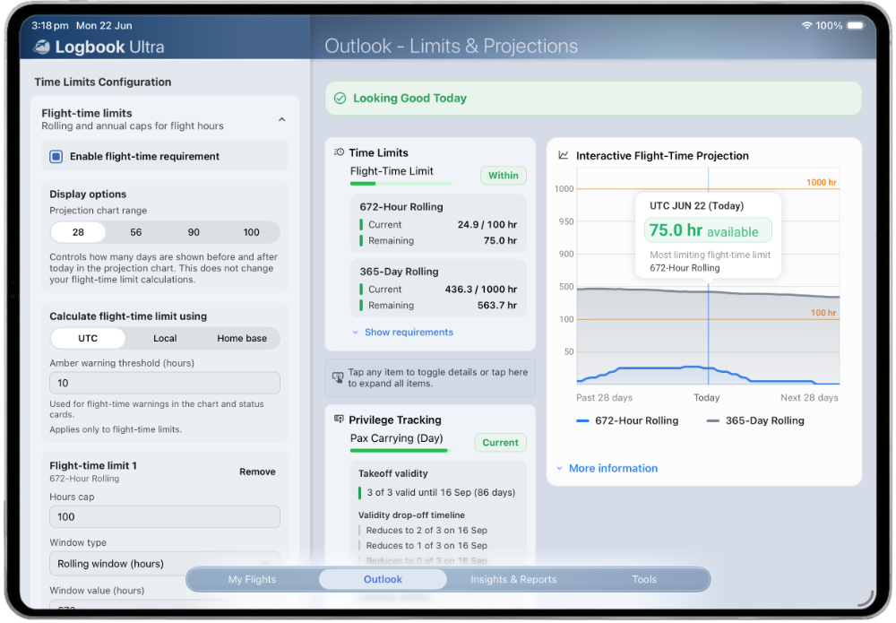 Logbook Ultra Outlook showing rolling flight-time limits, remaining hours, and an interactive flight-time projection for compliance planning.