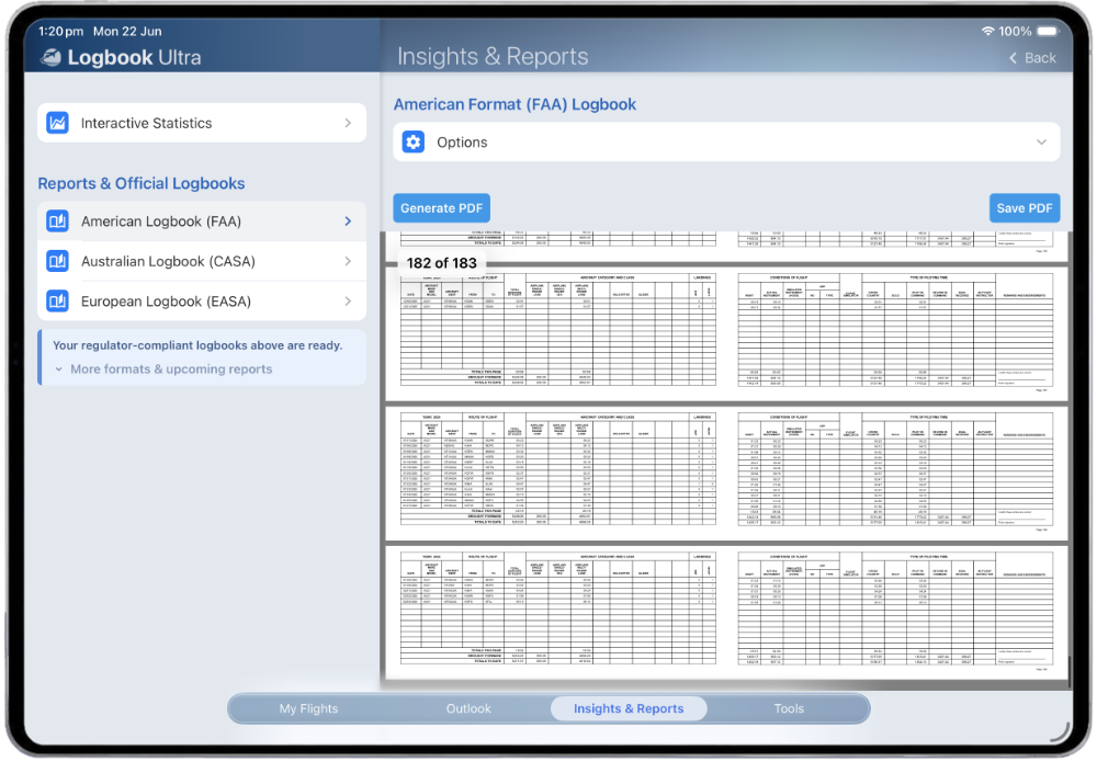 American-format (FAA) logbook PDF generation in Logbook Ultra with report options and printable preview pages.